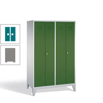 Doppel-Spindschrank, Garderobenschrank mit Füßen, 4 Abteile a 300 mm, Korpus graualuminium, Tür Wasserblau, 1.850 x 1.190 x 500 mm (HxBxT) RAL 5021 Wasserblau | RAL 9007 Graualuminium