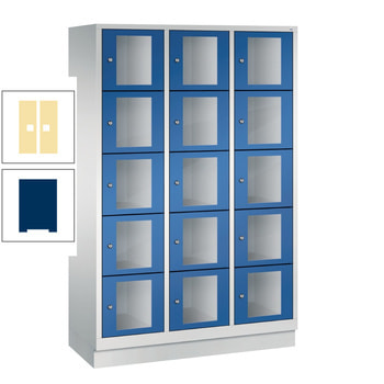 Spindschrank mit Sockel, Schließfächer, Sichtfenster, 3 Abteile, 15 Fächer, 1.800 x 1.200 x 500 mm (HxBxT), Korpus Lapisblau, Türen Pastellgelb RDS 0959030 Pastellgelb | RDS 2702029 Lapisblau