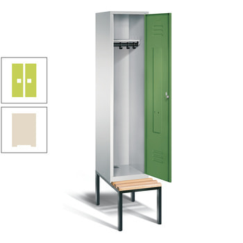 Stahl Garderobenschrank, Spind, Buche Sitzbank untergebaut, 1 Abteil a 400 mm, Korpus Perlweiß, Front Viridingrün, 2.090 x 420 x 815 mm (HxBxT) RDS 1108060 Viridingrün | RAL 1013 Perlweiß