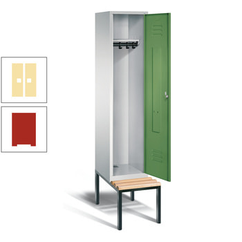 Stahl Garderobenschrank, Spind, Buche Sitzbank untergebaut, 1 Abteil a 400 mm, Korpus feuerrot, Front Pastellgelb, 2.090 x 420 x 815 mm (HxBxT) RDS 0959030 Pastellgelb | RAL 3000 Feuerrot