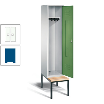 Stahl Garderobenschrank, Spind, Buche Sitzbank untergebaut, 1 Abteil a 400 mm, Korpus enzianblau, Front verkehrsweiß, 2.090 x 420 x 815 mm (HxBxT) RAL 9016 Verkehrsweiß | RAL 5010 Enzianblau