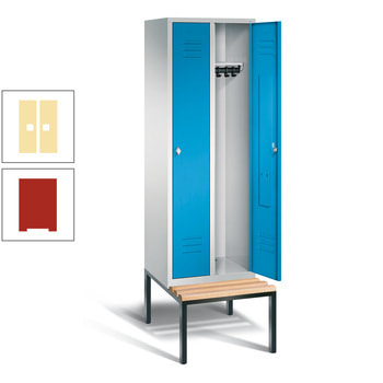 Stahl Garderobenschrank, Spind, Buche Sitzbank untergebaut, 2 Abteile 300 mm, Korpus feuerrot, Front Pastellgelb, 2.090 x 610 x 815 mm (HxBxT) RDS 0959030 Pastellgelb | RAL 3000 Feuerrot