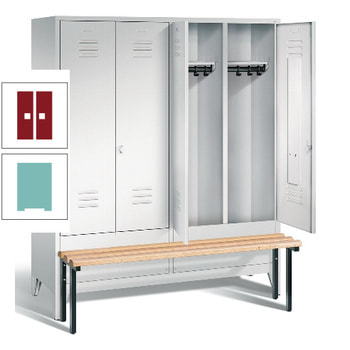 Doppel-Spindschrank, Buche Sitzbank vorgebaut, 4 Abteile 400 mm, Korpus Lichtgrün, Tür rubinrot, 1.850 x 1.190 x 500 mm (HxBxT) RAL 3003 Rubinrot | RAL 6027 Lichtgrün