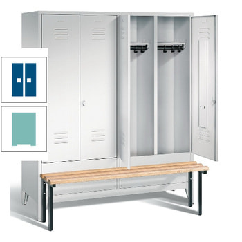 Doppel-Spindschrank, Buche Sitzbank vorgebaut, 4 Abteile 400 mm, Korpus Lichtgrün, Tür enzianblau, 1.850 x 1.190 x 500 mm (HxBxT) RAL 5010 Enzianblau | RAL 6027 Lichtgrün