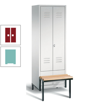 Doppel-Spindschrank, Buche Sitzbank integriert, 2 Abteile a 300 mm, Korpus Lichtgrün, Tür rubinrot, 1.850 x 610 x 815 mm (HxBxT) RAL 3003 Rubinrot | RAL 6027 Lichtgrün