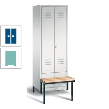 Doppel-Spindschrank, Buche Sitzbank integriert, 2 Abteile a 300 mm, Korpus Lichtgrün, Tür enzianblau, 1.850 x 610 x 815 mm (HxBxT) RAL 5010 Enzianblau | RAL 6027 Lichtgrün