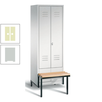 Doppel-Spindschrank, Buche Sitzbank integriert, 2 Abteile a 300 mm, Korpus lichtgrau, Tür Pastellgrün, 1.850 x 610 x 815 mm (HxBxT) RDS 1109020 Pastellgrün | RAL 7035 Lichtgrau