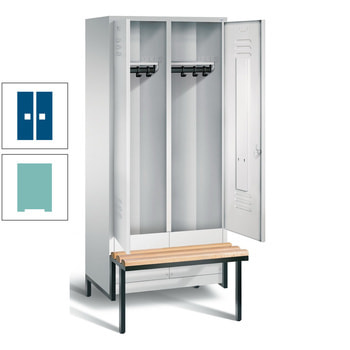 Doppel-Spindschrank, Buche Sitzbank integriert, 2 Abteile a 400 mm, Korpus Lichtgrün, Tür enzianblau, 1.850 x 810 x 815 mm (HxBxT) RAL 5010 Enzianblau | RAL 6027 Lichtgrün