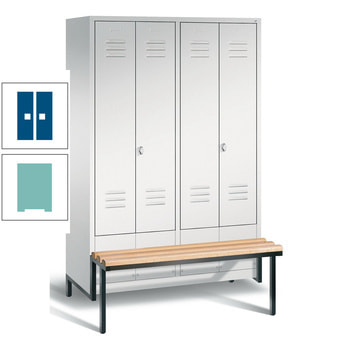 Doppel-Spindschrank, Buche Sitzbank integriert, 4 Abteile a 300 mm, Korpus Lichtgrün, Tür enzianblau, 1.850 x 1.190 x 815 mm (HxBxT) RAL 5010 Enzianblau | RAL 6027 Lichtgrün