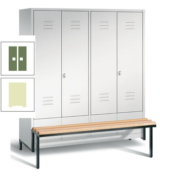 Doppel-Spindschrank, Buche Sitzbank integriert, 4 Abteile a 400 mm, Korpus Pastellgrün, Tür resedagrün, 1.850 x 1.590 x 815 mm (HxBxT) RAL 6011 Resedagrün | RDS 1109020 Pastellgrün