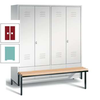 Doppel-Spindschrank, Buche Sitzbank integriert, 4 Abteile a 400 mm, Korpus Lichtgrün, Tür rubinrot, 1.850 x 1.590 x 815 mm (HxBxT) RAL 3003 Rubinrot | RAL 6027 Lichtgrün