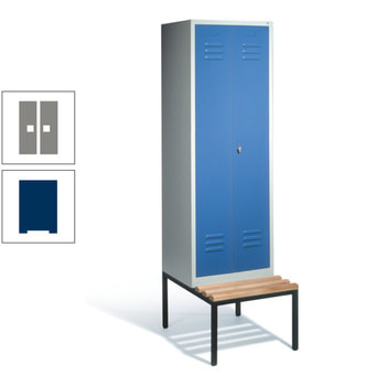 Doppel-Spindschrank, Buche Sitzbank untergebaut, 2 Abteile a 300 mm, Korpus Lapisblau, Tür graualuminium, 2.090 x 610 x 815 mm (HxBxT) RAL 9007 Graualuminium | RDS 2702029 Lapisblau