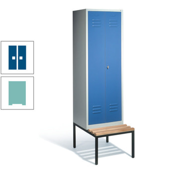 Doppel-Spindschrank, Buche Sitzbank untergebaut, 2 Abteile a 300 mm, Korpus Lichtgrün, Tür enzianblau, 2.090 x 610 x 815 mm (HxBxT) RAL 5010 Enzianblau | RAL 6027 Lichtgrün