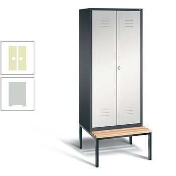 Doppel-Spindschrank, Buche Sitzbank untergebaut, 2 Abteile a 400 mm, Korpus lichtgrau, Tür Pastellgrün, 2.090 x 810 x 815 mm (HxBxT) RDS 1109020 Pastellgrün | RAL 7035 Lichtgrau