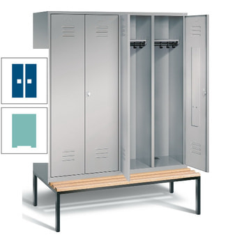 Doppel-Spindschrank, Buche Sitzbank untergebaut, 4 Abteile a 400 mm, Korpus Lichtgrün, Tür enzianblau, 2.090 x 1.590 x 815 mm (HxBxT) RAL 5010 Enzianblau | RAL 6027 Lichtgrün