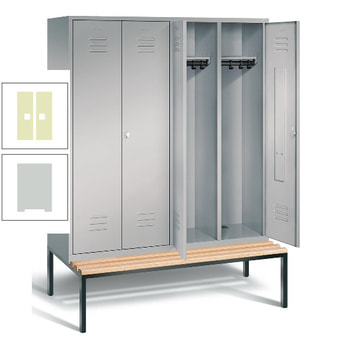 Doppel-Spindschrank, Buche Sitzbank untergebaut, 4 Abteile a 400 mm, Korpus lichtgrau, Tür Pastellgrün, 2.090 x 1.590 x 815 mm (HxBxT) RDS 1109020 Pastellgrün | RAL 7035 Lichtgrau