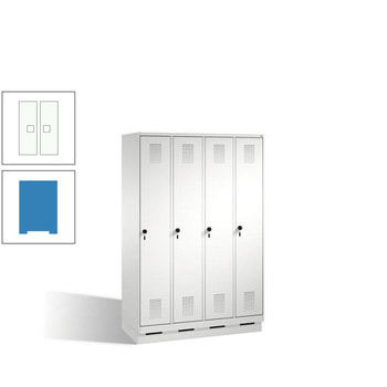 Stahl-Garderobenschrank, Spindschrank auf Sockel, 4 Abteile a 300 mm, Korpus lichtblau, Tür verkehrsweiß, 1.800 x 1.200 x 500 mm (HxBxT) RAL 9016 Verkehrsweiß | RAL 5012 Lichtblau