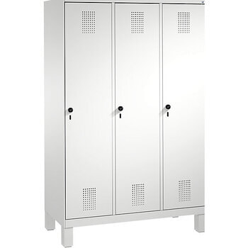 Stahl-Garderobenschrank, Spindschrank auf Füßen, 3 Abteile a 400 mm, Korpus graualuminium, Tür Stahlgrau, 1.850 x 1.200 x 500 mm (HxBxT) RAL 0005000 Stahlgrau | RAL 9007 Graualuminium