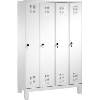 Stahl-Garderobenschrank, Spindschrank auf Füßen, 4 Abteile a 300 mm, Korpus graualuminium, Tür Stahlgrau, 1.850 x 1.200 x 500 mm (HxBxT) RAL 0005000 Stahlgrau | RAL 9007 Graualuminium