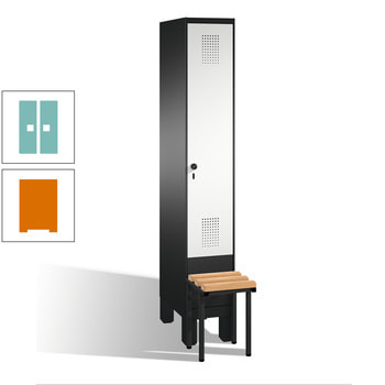 Stahl-Garderobenschrank, Spind, Buche Sitzbank vorgebaut, 1 Abteil a 300 mm, Korpus gelborange, Tür Lichtgrün, 1.850 x 300 x 815 mm (HxBxT) RAL 6027 Lichtgrün | RAL 2000 Gelborange