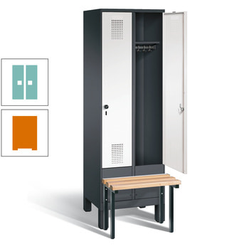 Stahl-Garderobenschrank, Spind, Buche Sitzbank vorgebaut, 2 Abteile a 400 mm, Korpus gelborange, Tür Lichtgrün, 1.850 x 800 x 815 mm (HxBxT) RAL 6027 Lichtgrün | RAL 2000 Gelborange