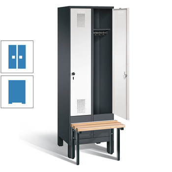 Stahl-Garderobenschrank, Spind, Buche Sitzbank vorgebaut, 2 Abteile a 400 mm, Korpus lichtblau, Tür lichtblau, 1.850 x 800 x 815 mm (HxBxT) RAL 5012 Lichtblau | RAL 5012 Lichtblau