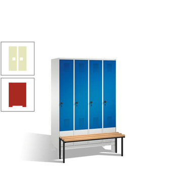 Stahl-Garderobenschrank, Spind, Buche Sitzbank vorgebaut, 4 Abteile a 300 mm, Korpus feuerrot, Tür Pastellgrün, 1.850 x 1.200 x 815 mm (HxBxT) RDS 1109020 Pastellgrün | RAL 3000 Feuerrot