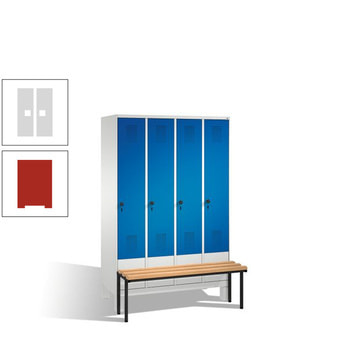 Stahl-Garderobenschrank, Spind, Buche Sitzbank vorgebaut, 4 Abteile a 300 mm, Korpus feuerrot, Tür lichtgrau, 1.850 x 1.200 x 815 mm (HxBxT) RAL 7035 Lichtgrau | RAL 3000 Feuerrot