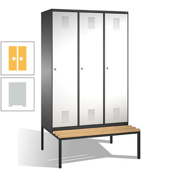 Stahl-Garderobenschrank, Spind, Buche Sitzbank untergebaut, 3 Abteile 400 mm, Korpus lichtgrau, Tür Sonnengelb, 2.090 x 1.200 x 815 mm (HxBxT) RDS 0808060 Sonnengelb | RAL 7035 Lichtgrau