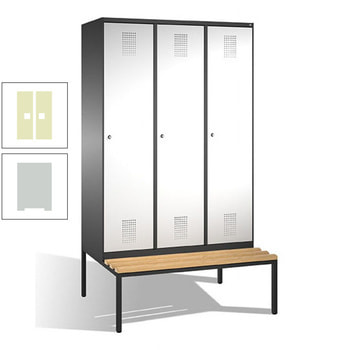 Stahl-Garderobenschrank, Spind, Buche Sitzbank untergebaut, 3 Abteile 400 mm, Korpus lichtgrau, Tür Pastellgrün, 2.090 x 1.200 x 815 mm (HxBxT) RDS 1109020 Pastellgrün | RAL 7035 Lichtgrau