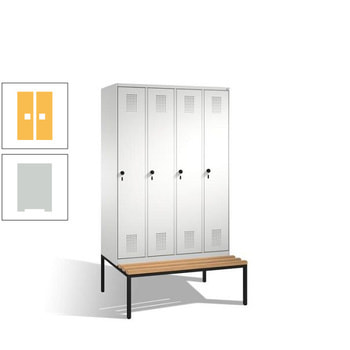 Stahl-Garderobenschrank, Spind, Buche Sitzbank untergebaut, 4 Abteile 300 mm, Korpus lichtgrau, Tür Sonnengelb, 2.090 x 1.200 x 815 mm (HxBxT) RDS 0808060 Sonnengelb | RAL 7035 Lichtgrau