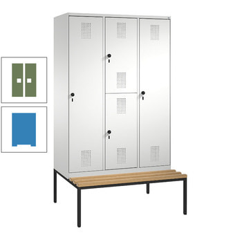 Garderobenschrank, Spind ein- und doppelstöckig Sitzbank, 3 Abteile, 4 Fächer, 2.090x1.200x500 mm (HxBxT), Front resedagrün, Korpus lichtblau RAL 6011 Resedagrün | RAL 5012 Lichtblau