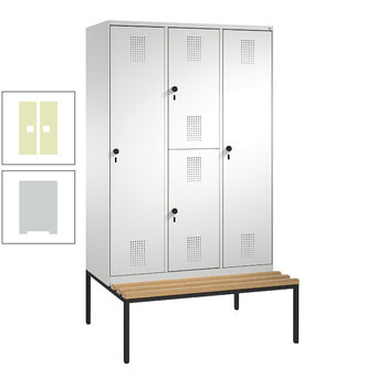 Garderobenschrank, Spind ein- und doppelstöckig Sitzbank, 3 Abteile, 4 Fächer, 2.090x1.200x500 mm (HxBxT), Front Pastellgrün, Korpus lichtgrau RDS 1109020 Pastellgrün | RAL 7035 Lichtgrau