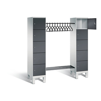 Schließfach-Garderobe, Spind, Fächerschrank, Füße, 2 Abteile, 10 Fächer, 1.850 x 1.800 x 500 mm (HxBxT), Front Eisenglimmer, Korpus graualuminium DB 703 Eisenglimmer | RAL 9007 Graualuminium