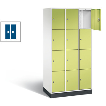 Spindschrank mit Sockel, Schulspind, 3 x 4 Fächer, 1.950 x 920 x 500 mm, Korpus graualuminium, Tür enzianblau RAL 5010 Enzianblau