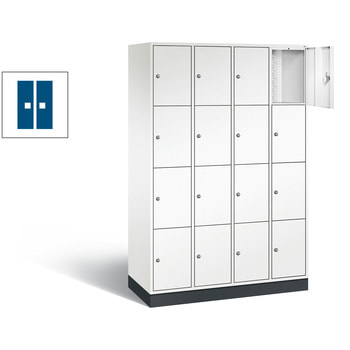 Spindschrank mit Sockel, Schulspind, 4 x 4 Fächer, 1.950 x 1.220 x 500 mm, Korpus graualuminium, Tür enzianblau RAL 5010 Enzianblau