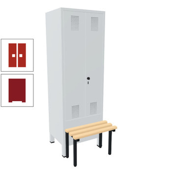 Doppel-Spind, Garderobenschrank, Buche Sitzbank vorgebaut, 2 Abteile a 300 mm, Korpus rubinrot, Tür feuerrot, 1.850 x 600 x 815 mm (HxBxT) RAL 3000 Feuerrot | RAL 3003 Rubinrot