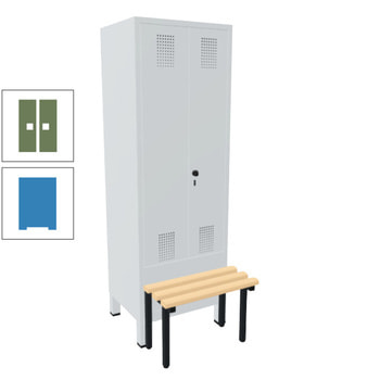 Doppel-Spind, Garderobenschrank, Buche Sitzbank vorgebaut, 2 Abteile a 300 mm, Korpus lichtblau, Tür resedagrün, 1.850 x 600 x 815 mm (HxBxT) RAL 6011 Resedagrün | RAL 5012 Lichtblau