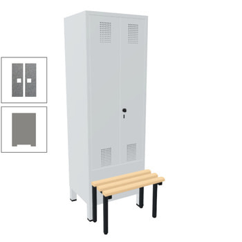 Doppel-Spind, Garderobenschrank, Buche Sitzbank vorgebaut, 2 Abteile a 400 mm, Korpus graualuminium, Tür Eisenglimmer, 1.850 x 800 x 815 mm (HxBxT) DB 703 Eisenglimmer | RAL 9007 Graualuminium