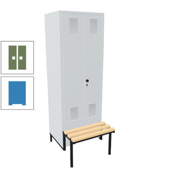 Doppel-Spind, Garderobenschrank, Buche Sitzbank integriert, 2 Abteile a 300 mm, Korpus lichtblau, Tür resedagrün, 1.850 x 600 x 815 mm (HxBxT) RAL 6011 Resedagrün | RAL 5012 Lichtblau