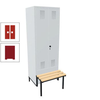 Doppel-Spind, Garderobenschrank, Buche Sitzbank integriert, 2 Abteile a 400 mm, Korpus rubinrot, Tür feuerrot, 1.850 x 800 x 815 mm (HxBxT) RAL 3000 Feuerrot | RAL 3003 Rubinrot