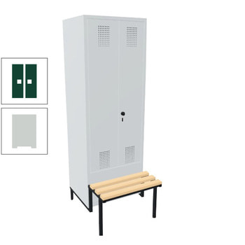 Doppel-Spind, Garderobenschrank, Buche Sitzbank integriert, 2 Abteile a 400 mm, Korpus lichtgrau, Tür moosgrün, 1.850 x 800 x 815 mm (HxBxT) RAL 6005 Moosgrün | RAL 7035 Lichtgrau