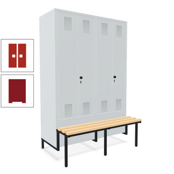 Doppel-Spind, Garderobenschrank, Buche Sitzbank integriert, 4 Abteile a 300 mm, Korpus rubinrot, Tür feuerrot, 1.850 x 1.200 x 815 mm (HxBxT) RAL 3000 Feuerrot | RAL 3003 Rubinrot