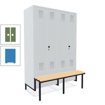 Doppel-Spind, Garderobenschrank, Buche Sitzbank integriert, 4 Abteile a 300 mm, Korpus lichtblau, Tür resedagrün, 1.850 x 1.200 x 815 mm (HxBxT) RAL 6011 Resedagrün | RAL 5012 Lichtblau