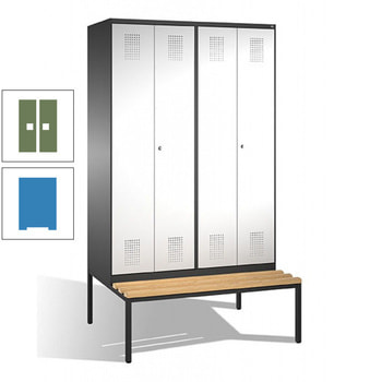 Doppel-Spind, Garderobenschrank, Buche Sitzbank untergebaut, 4 Abteile a 300 mm, Korpus lichtblau, Tür resedagrün, 2.090 x 1.200 x 815 mm (HxBxT) RAL 6011 Resedagrün | RAL 5012 Lichtblau