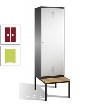 Doppel-Spind, Garderobenschrank, untergebaute Sitzbank, 2 Abteile a 300 mm, Korpus Viridingrün, Tür rubinrot, 2.090 x 600 x 815 mm (HxBxT) RAL 3003 Rubinrot | RDS 1108060 Viridingrün