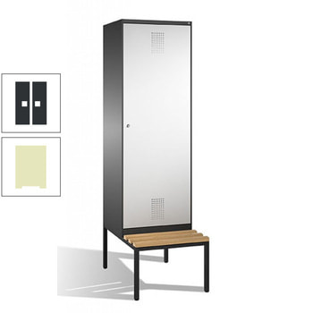 Doppel-Spind, Garderobenschrank, untergebaute Sitzbank, 2 Abteile a 300 mm, Korpus Pastellgrün, Tür schwarzgrau, 2.090 x 600 x 815 mm (HxBxT) RAL 7021 Schwarzgrau | RDS 1109020 Pastellgrün