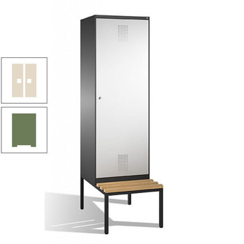 Doppel-Spind, Garderobenschrank, untergebaute Sitzbank, 2 Abteile a 300 mm, Korpus resedagrün, Tür Perlweiß, 2.090 x 600 x 815 mm (HxBxT) RAL 1013 Perlweiß | RAL 6011 Resedagrün