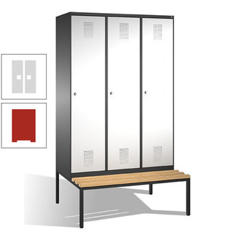 Stahl-Garderobenschrank, Spind, Buche Sitzbank untergebaut, 3 Abteile 400 mm, Korpus feuerrot, Tür lichtgrau, 2.090 x 1.200 x 815 mm (HxBxT) RAL 7035 Lichtgrau | RAL 3000 Feuerrot