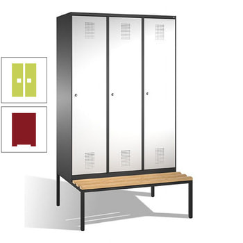 Stahl-Garderobenschrank, Spind, Buche Sitzbank untergebaut, 3 Abteile 400 mm, Korpus rubinrot, Tür Viridingrün, 2.090 x 1.200 x 815 mm (HxBxT) RDS 1108060 Viridingrün | RAL 3003 Rubinrot